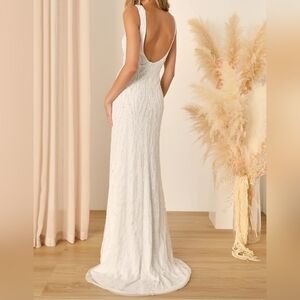 Lulus Glamourous Ever After White Sequin Beaded Backless Sleeveless Wedding Gown